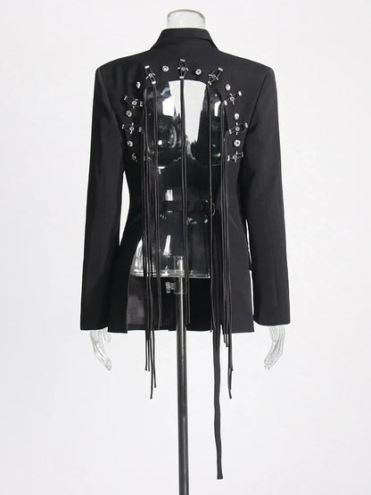 Patchwork Diamonds Backless Blazer For Women Notched Collar Long Sleeve Spliced Button Chic Blazers Female Style