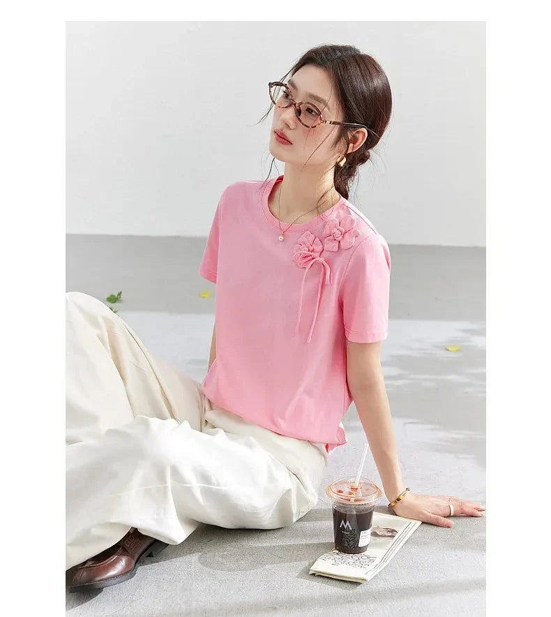 100% Cotton Summer T-Shirt Women 2026 Pink Tees Fashion Heavy 3D Floral Casual Crew Neck Short Sleeve Top A6182