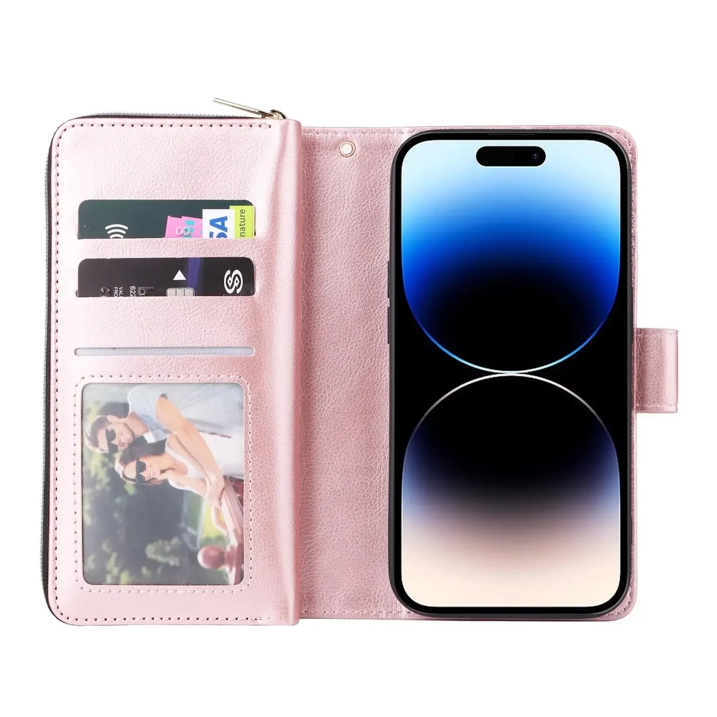 Double Layer Zipper Wallet Case with 9 Card Slots for iPhone 16 16E Pro Max 15 14 Plus13 12 Pro Max PU Leather Flip Cover