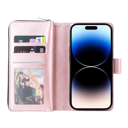 Double Layer Zipper Wallet Case with 9 Card Slots for iPhone 16 16E Pro Max 15 14 Plus13 12 Pro Max PU Leather Flip Cover