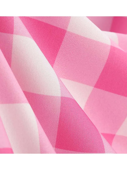 Spaghetti Strap Pink Plaid Dress Women Summer Elegant Vintage 50s Rockabilly Swing Party Dress