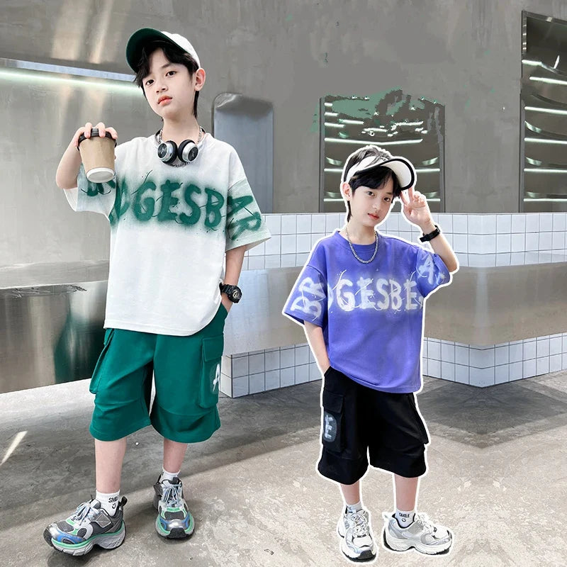 Hot Sale Teenager Boy Summer Tee Top and Bottom Clothes Set for Child Letter Print Cotton T-shirt + Shorts 2 Piece Clothing Suit