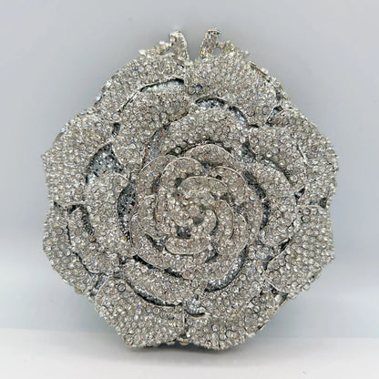 Luxury Rose Shape Diamond Rhinestone Clutch Bag Hollow Metal Banquet Wedding Handbag Women Evening Bag