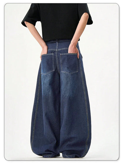 Men's American Retro Blue Loose Machete Wide Leg Jeans Unisex Baggy Straight Leg Sickle Denim Pants Deconstructed Balloon Pants