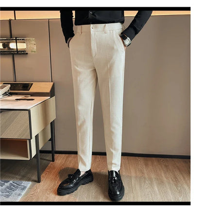 Men's Waffle Casual Pants Fashion Korean Stretch Waist Business Formal Pants Mens Social Party Suit Pants Streetwear Pencil Pant