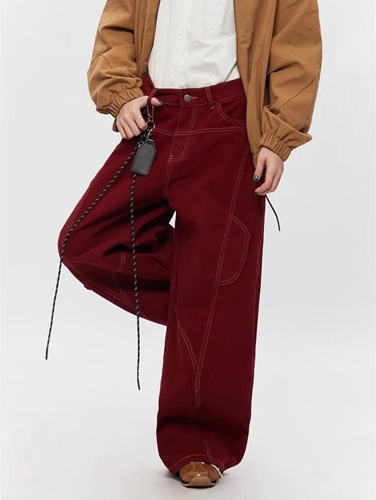 2025 Cyber Y2K Fashion Red Patchwork Baggy Cargo Jeans Pants For Men Designer Clothes Wide Leg Women Denim Trousers Ropa Hombre