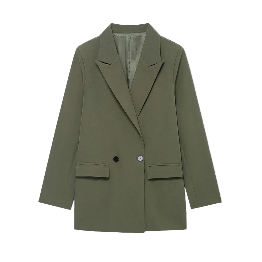 Women's Double-Breasted Solid Color Blazer Coat Long Sleeve Office Wear for Spring Autumn Winter Old Money Style