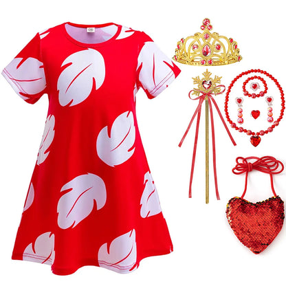 Costume Girl Cosplay Red Dress Short Sleeve Pajamas Hawaiian Printed Dress Summer Beach Outfit + Stitch Doll Set