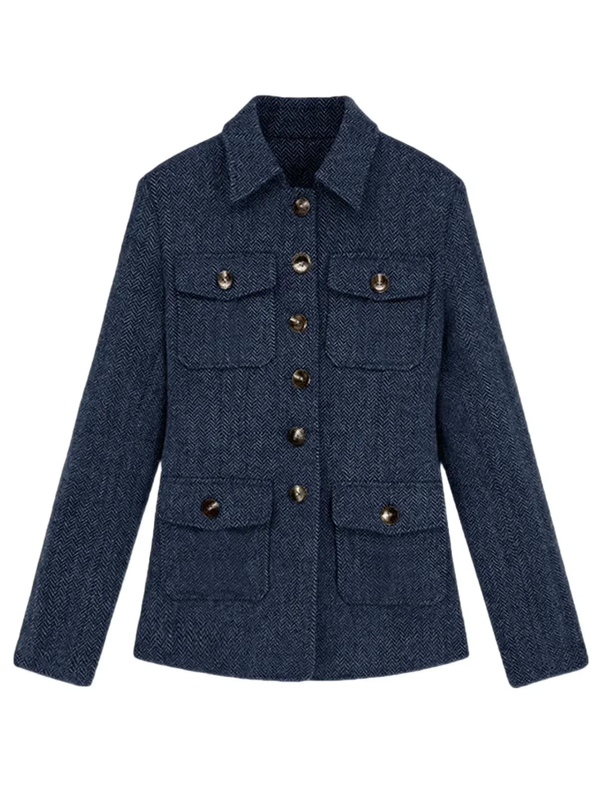 Men's Herringbone Wool Blend Blazer Jacket Notch Collar Utility Multi-Pocket Casual Overcoat For Spring Autumn