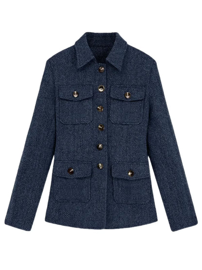 Men's Herringbone Wool Blend Blazer Jacket Notch Collar Utility Multi-Pocket Casual Overcoat For Spring Autumn