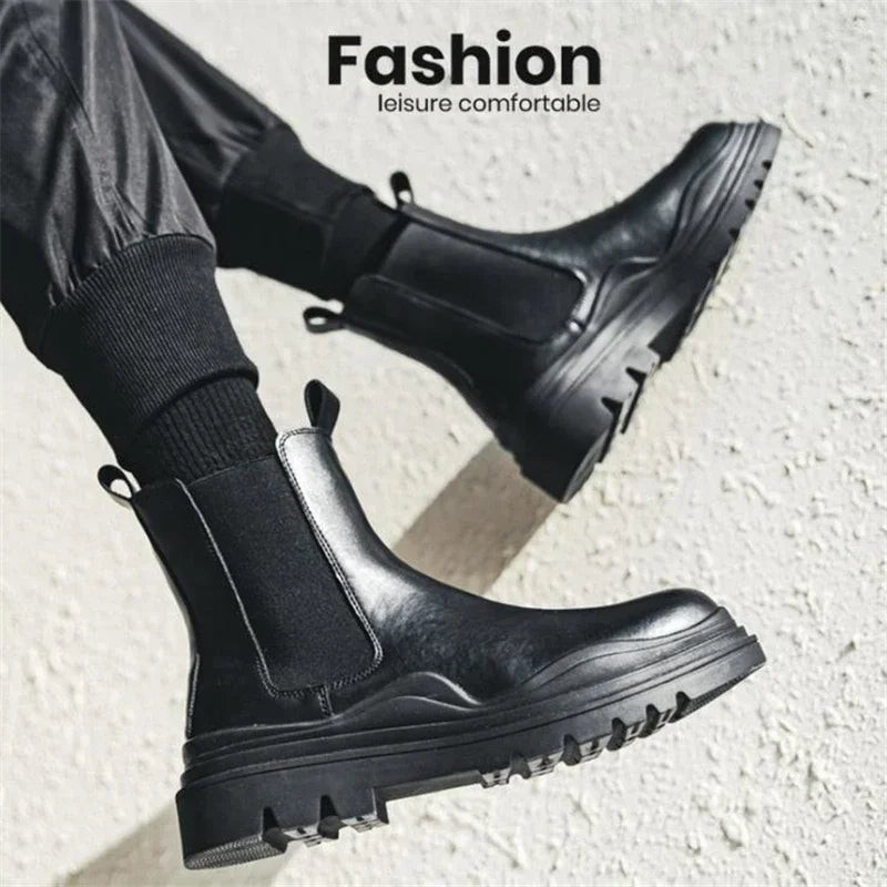 Fashion Mens Sheoes Platform Chelsea Boots Thick Bottom Split Leather Ankle Boots Male Footwear Round Toe Short Boots