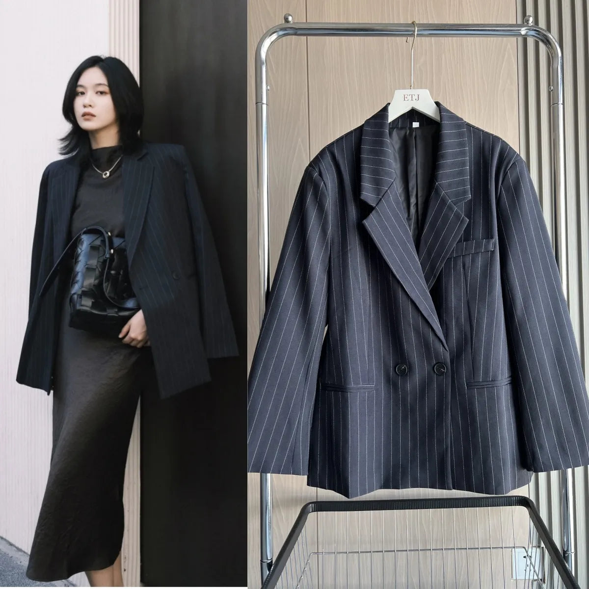 Fall/Winter 2025 New  Women's Street Fashion oversized pinstripe shoulder-padded loose suit jacket for women