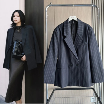 Fall/Winter 2025 New  Women's Street Fashion oversized pinstripe shoulder-padded loose suit jacket for women