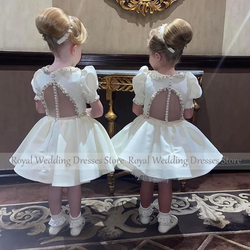 Mini Short Flower girls Dress O Neck A Line Short Sleeves Knee Length Beading Child Dress For Wedding
