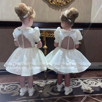 Mini Short Flower girls Dress O Neck A Line Short Sleeves Knee Length Beading Child Dress For Wedding