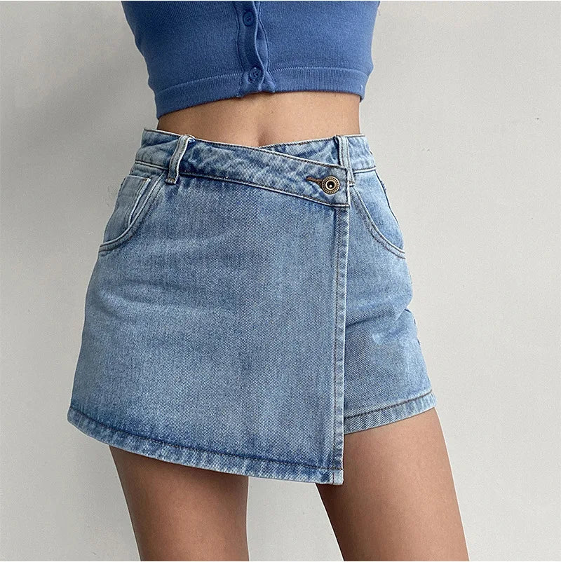 2026 Summer Women High Waist A-line Shorts Light Color Fake Two-piece Design Elegant Slimming Hot Girl Pants Denim Short Skirt