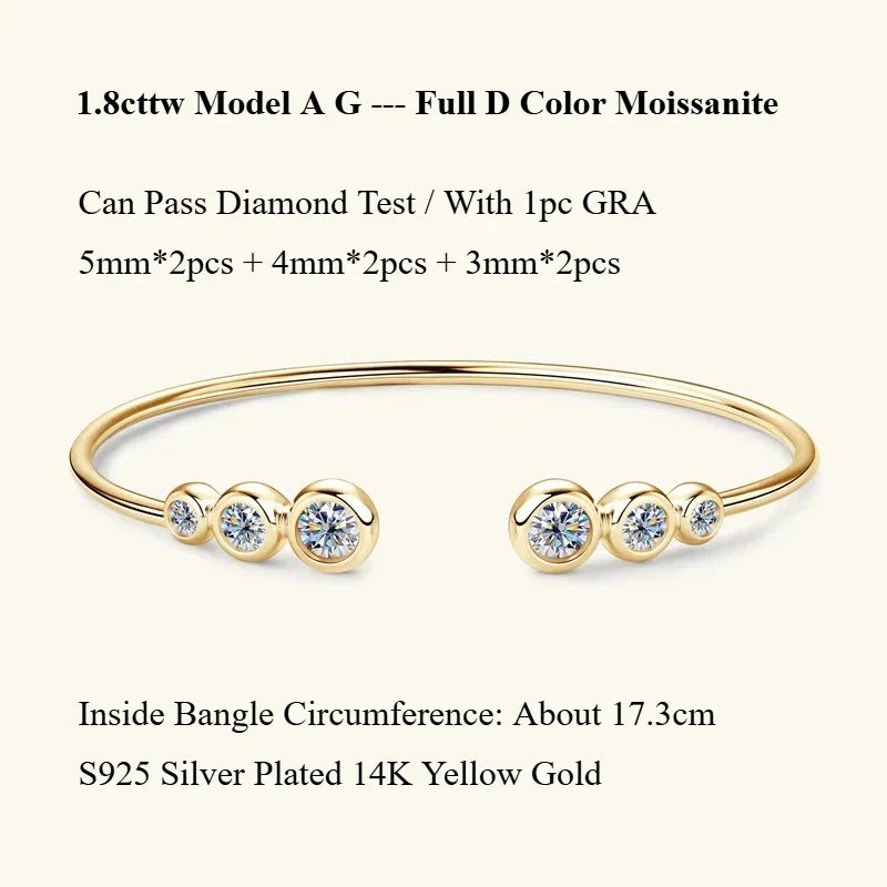 Four Prong Moissanite Cuff Bangle 5mm 0.5CT Round Cut D Color 925 Silver Open Hand Chain Bracelet For Women Girl Lady Gift
