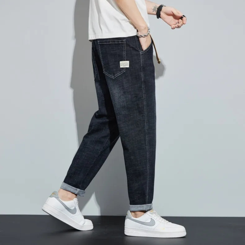Winter Dark Blue Fleece Jeans for Men Black Loose Straight Casual Trendy Comfortable Versatile Youth Thickened Harem Pants Blue
