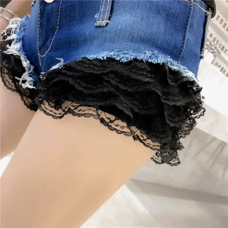 Pure Desire Sweet Spicy Girl Denim Shorts Lace Stitching Super Low Waist Sexy Hot Pants Slimming Women's Versatile Super Shorts