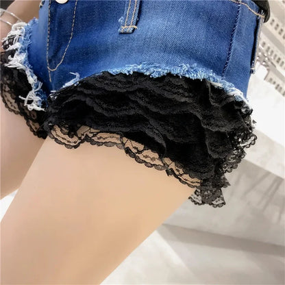Pure Desire Sweet Spicy Girl Denim Shorts Lace Stitching Super Low Waist Sexy Hot Pants Slimming Women's Versatile Super Shorts