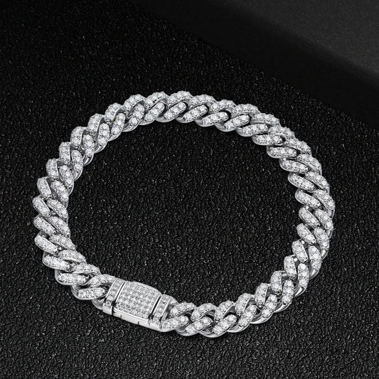 Bracelets à maillons cubains de 8 mm en moissanite pour femmes et hommes, en argent sterling 925, style hip-hop punk, sertis de diamants.