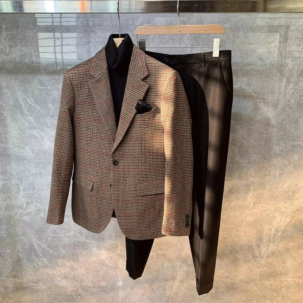 Vintage British Windsor Men's Tweed Blazer Slim Fit Houndstooth Plaid Wool Suit Thick for Autumn Winter