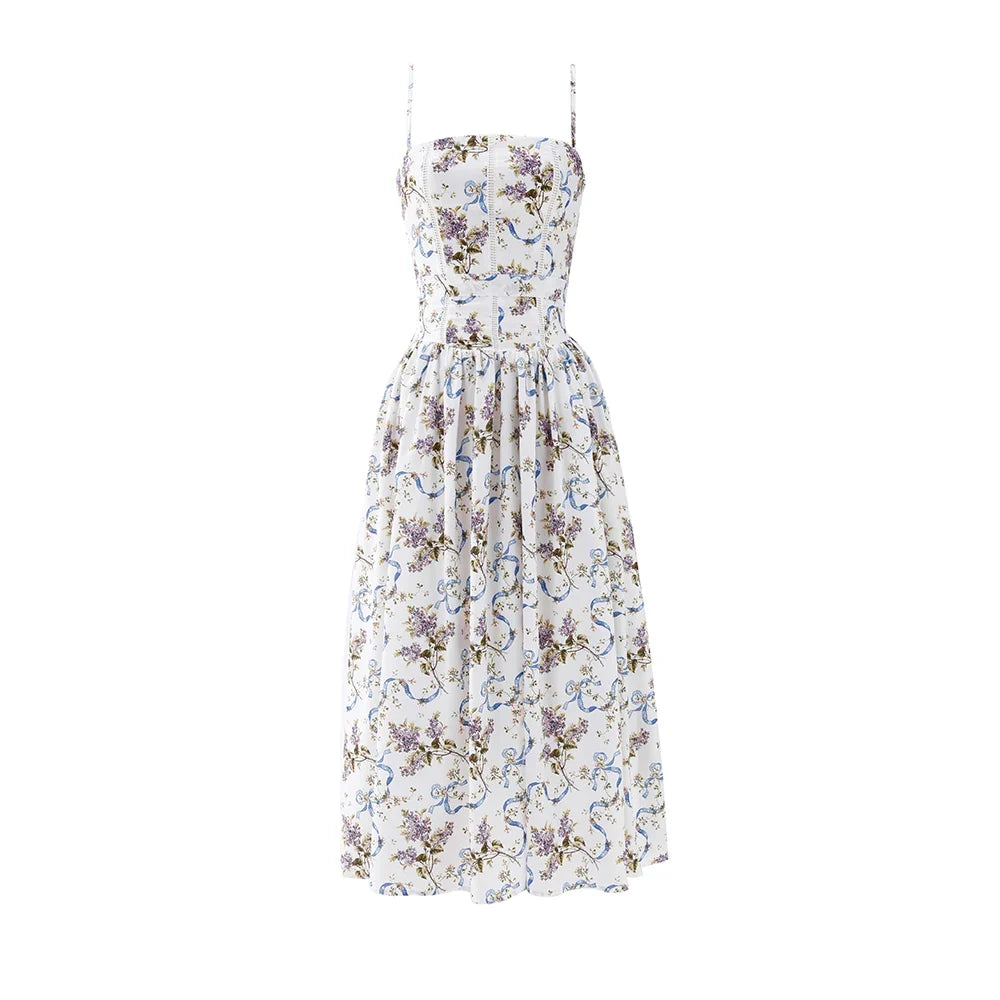Summer Floral Print Dress Elegant 2025 New Arrivals Spaghetti Strap Flare Dress Maxi Holiday Party Dresses Women