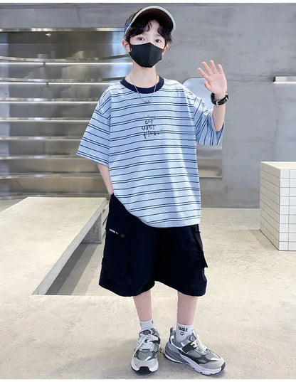2026 Kids Top and Bottom Clothes Summer Set For Tweens Boys Casual Striped Tracksuit Outfit Children Cargo Clothing 2PCS Suit