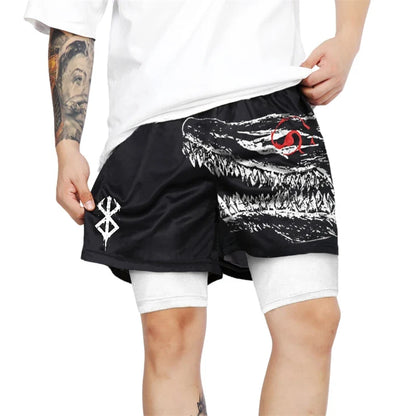 Print 2 in 1 Running Shorts for Men Gym Workout Fitness Athletic Shorts with Pockets Summer Activewear Quick Dry Stretch