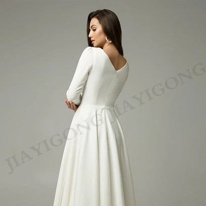 Tea Length Wedding Dress Customized Long Sleeves V Neck Simple Jersey A Line Short Bridal Gown Modest Civil Bride Dresses
