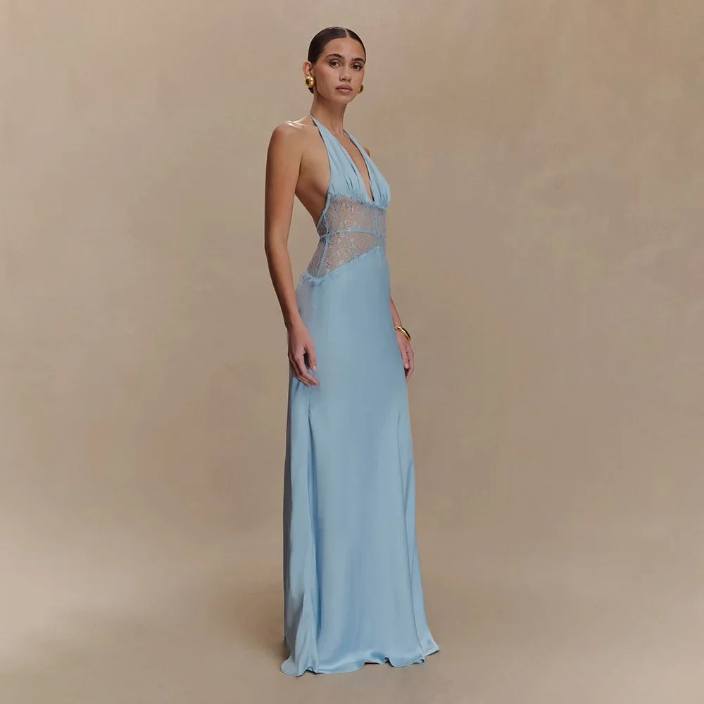 Sexy Deep V-neck Backless Lace Patchwork Satin Dresses for Women 2026 Summer Halter Sleeveless Long Maxi Party Evening Dress