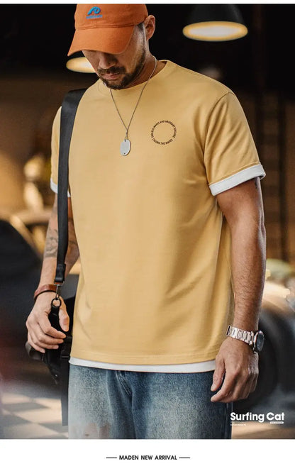 Vintage Foam Print Short Sleeves T-Shirt Men's Summer Heavyweight Yellow Cotton Tee Loose Fit Crew Neck Casual Street Tops