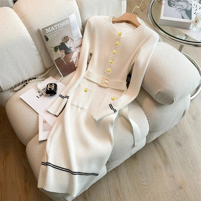 2025 Autumn Winter Women Knitted Dress Brand Fashion O-neck Buttons Bodycon Sweater Dress with Belt Lady Office Dress