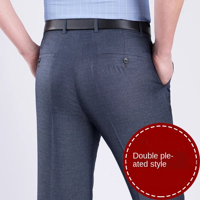 High Waist Double Pleated Men Suit Pants Summer Black Straight Office Formal Dress Trouser for Man Black Gray Size 40 42 44