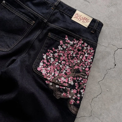 Autumn And Winter Men'S Jeans Japanese Korean Casual Straight Leg Pants Plum Blossom Embroidered Street Jeans Y2k Baggy Pants