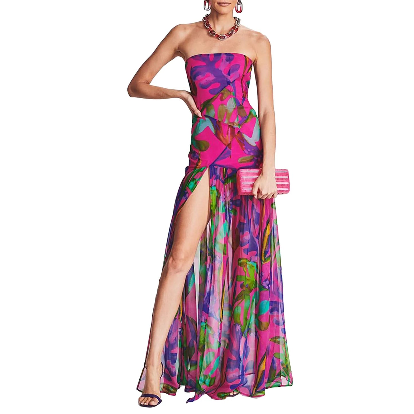 Women Tube Top Dress Slim Strapless Backless Mesh Patchwork Tropical Print High Slit Long Dress for Party Club Night