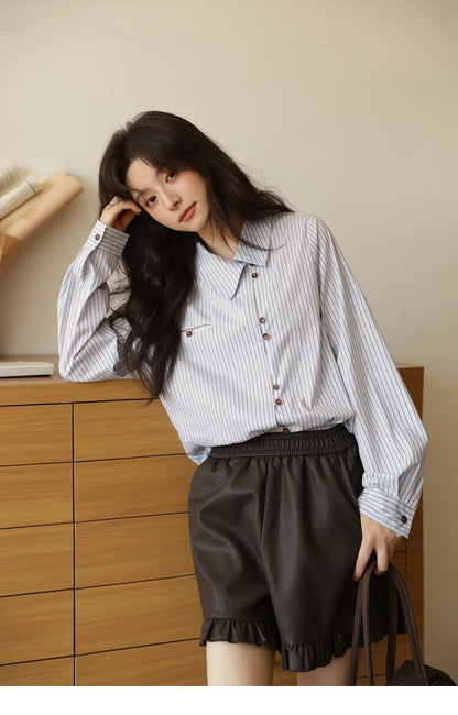 Women's Striped Asymmetric Shirt 2025 Autumn New Arrival Vintage Loose Long Sleeve Tops Commuter Woman Clothes MXE42C2375