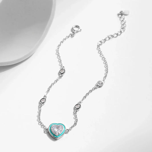 Bracelet en Argent Sterling 925 Cœurs Romantiques Zirconium Cubique Émail Vert Fermoir Mousqueton Chaîne Maillons Pour Femmes Bijoux Fins Tendance Cadeaux