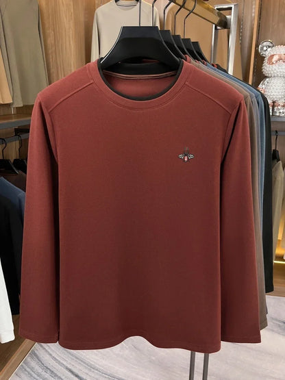 High end brand velvet long sleeve T-shirt men's autumn new fashion Korean bee embroidery comfortable warm round neck pullover
