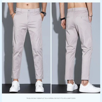 High Quality Summer Men's White Ankle Length Casual Pants 97%Cotton Breathable Straight Business Slim Work Chino Trousers Man