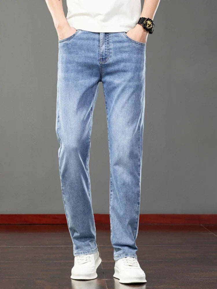 Spring Summer Thin Men's Jeans Fashion Korean Elastic Slim Straight Business Casual Denim Pants Classic Washed Male Trousers