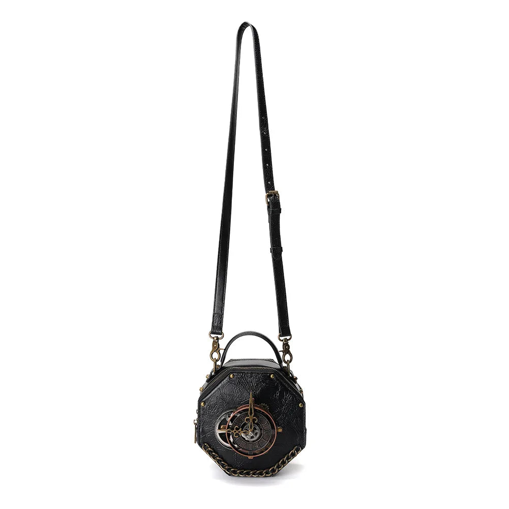New Gothic Leather Clock Bag Steampunk Shoulder Bags Vintage Women Handbags Messenger Crossbody Bag Ladies Rivet Top-Handle Bags