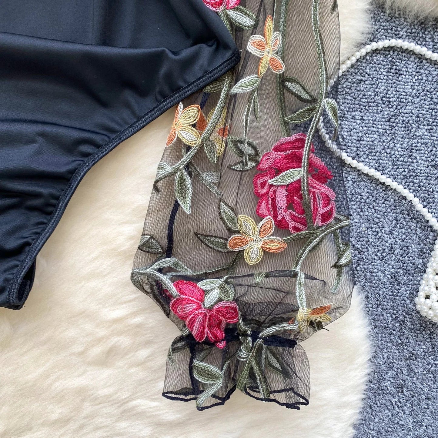 Vintage Embroidery Gauze Sexy Bodysuits Stand Collar Long Sleeve Playsuits Fashion Spliced Women Open crotch Rompers
