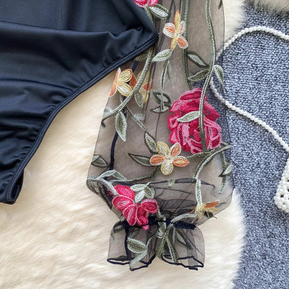 Vintage Embroidery Gauze Sexy Bodysuits Stand Collar Long Sleeve Playsuits Fashion Spliced Women Open crotch Rompers