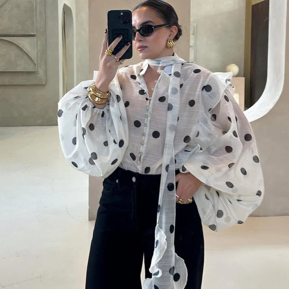 Ticketsx Polka Dot Ruffled Shirts Fashion Contrast Lace Up See Through Button Blouse Top Elegant Party High Street Women Shirt