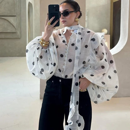 Ticketsx Polka Dot Ruffled Shirts Fashion Contrast Lace Up See Through Button Blouse Top Elegant Party High Street Women Shirt
