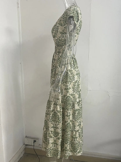 2026 Vintage Printed Dress Fashionable and Elegant V-Neck Short-Sleeved Jumpsuit Long Skirt Women's Clothing