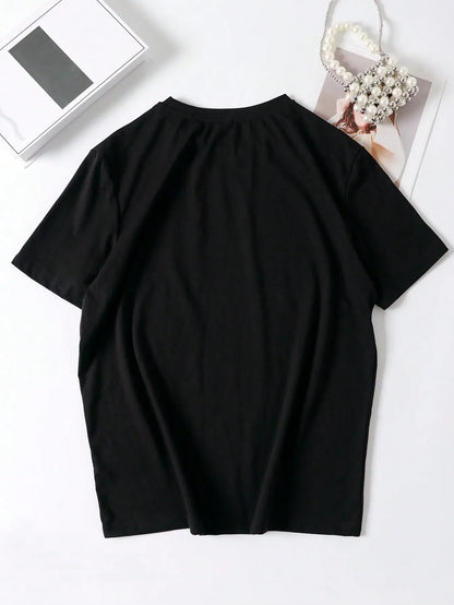 Large Size Women's Slogan Printed Round Neck Loose Short-Sleeved Casual T-Shirt, Suitable for Daily Commuting and Shopping