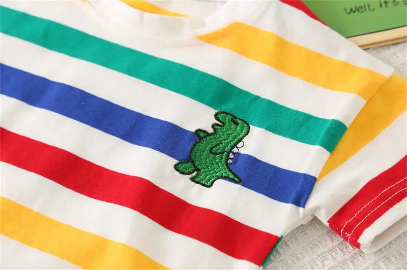 Summer Kids Boys Clothing Toddler Fashion Rainbow Clothes T Shirt Cartoon Dinosaur Bib Pants 2Pcs/Set Children Costume Suit