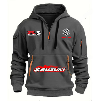 Suzuki brand men's street sports motorcycle hoodie with printed design autumn and winter semi-zipper multi-pocket sweatshirt
